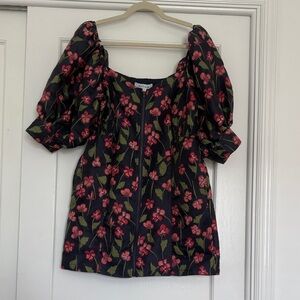Floral Puff Sleeve Mini Dress - navy and Pink